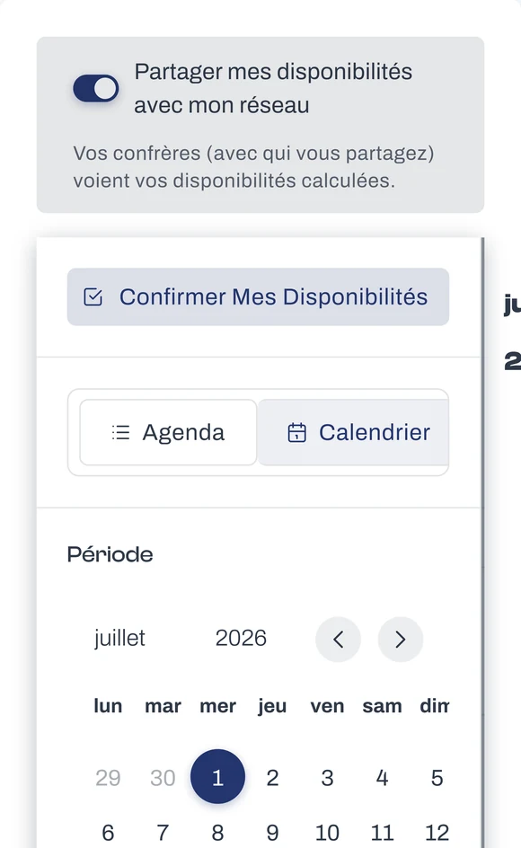 Écran Disponibilités de l’application MémoJ sur mobile : le partage sélectif des disponibilités avec le réseau de confrères et le calendrier du mois.