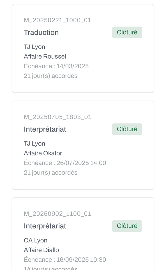 Écran Missions de l’application MémoJ sur mobile : la liste « Toutes les missions », 200 missions, avec les vues rapides à traiter, en retard et à venir.
